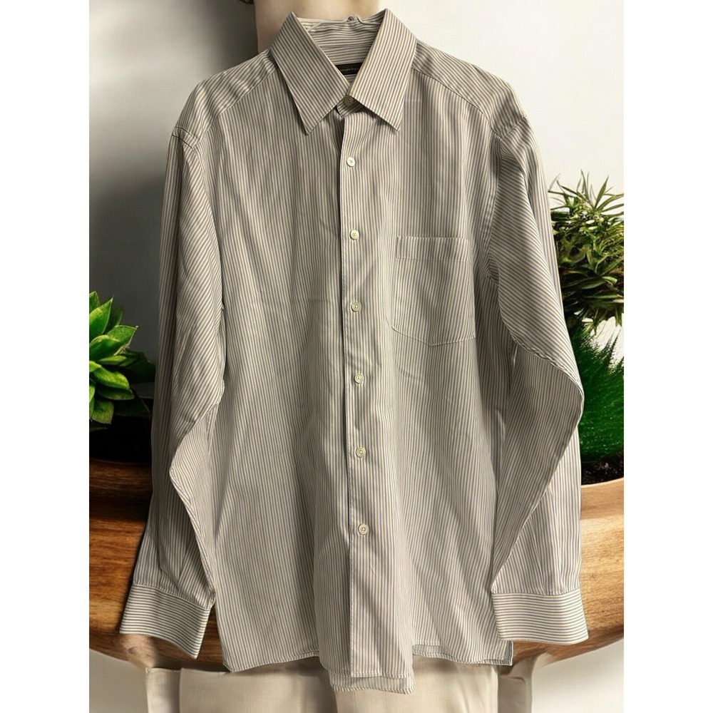 Ermenegildo‎ Zegna Long Sleeve Blue Tan Striped Dress Shirt Men's Size 42 16.5